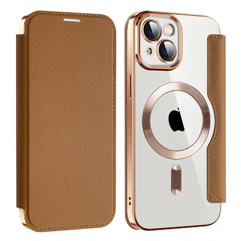 Husa pentru iPhone 13 tip carte, SKYDDAR INOVATION, SmartMag Book, Magsafe, RFiD, Suport Carduri, set cu sticker, Maro - 1 | YEO