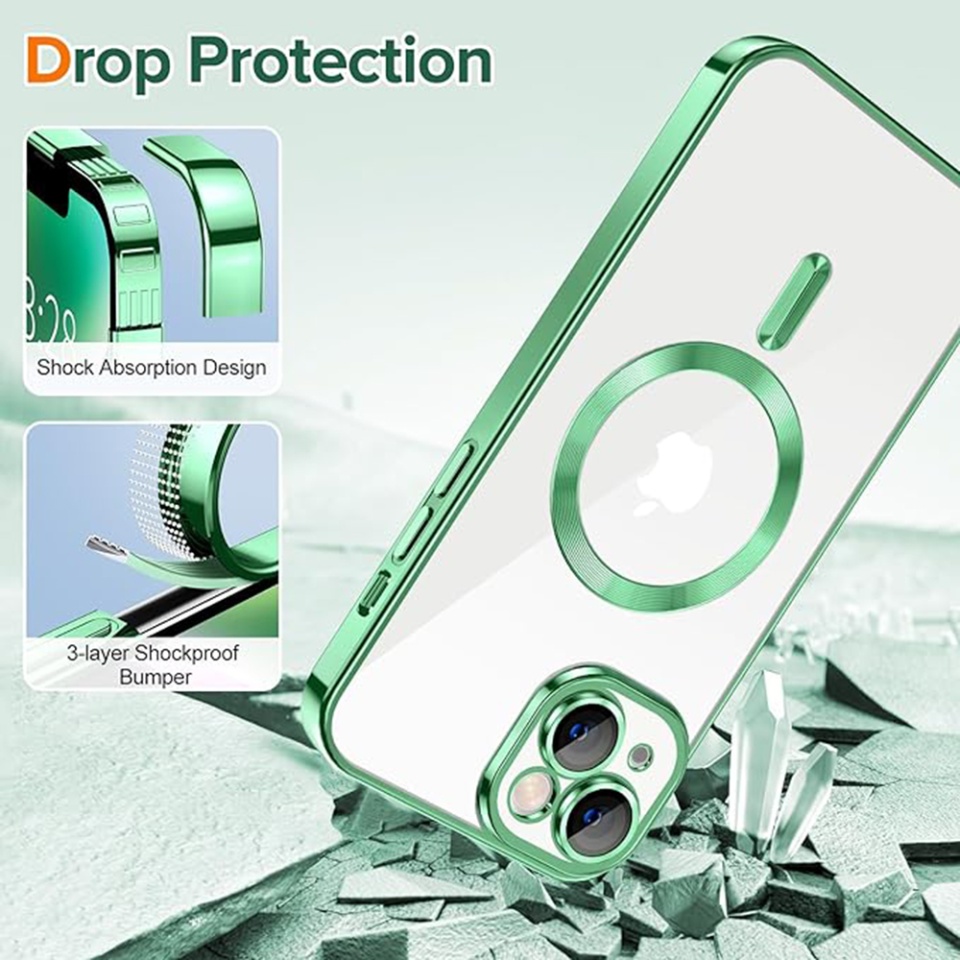 Husa pentru iPhone 14 Plus, SKYDDAR INNOVATION, Luxury Shield Magsafe, Protectie Antisoc, Verde deschis, set cu sticker - 2 | YEO
