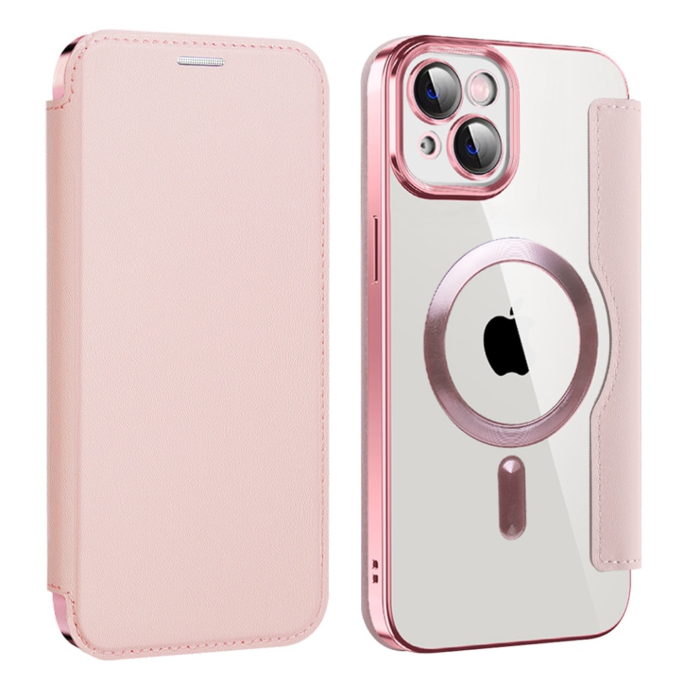 Husa pentru iPhone 14 Plus tip carte, SKYDDAR INOVATION, SmartMag Book, Magsafe, RFiD, Suport Carduri, set cu sticker, Roz - 1 | YEO
