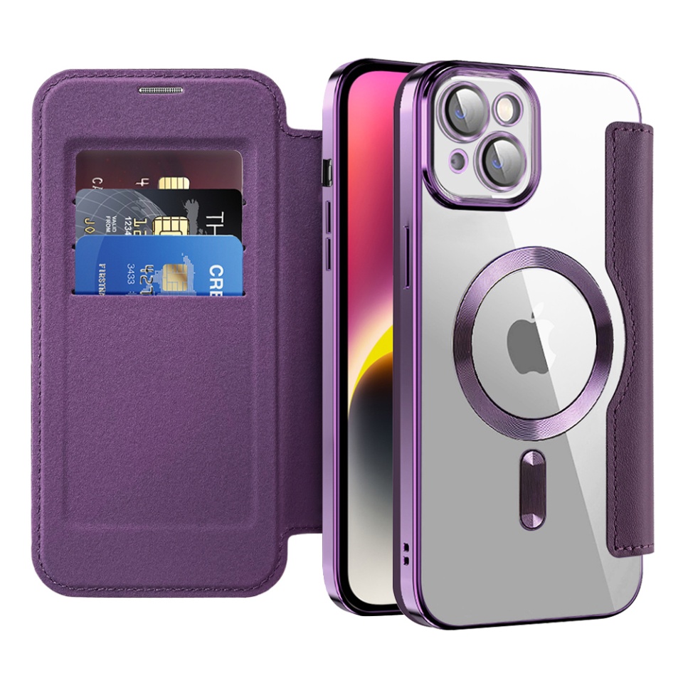 Husa pentru iPhone 14 Plus tip carte, SKYDDAR INOVATION, SmartMag Book, Magsafe, RFiD, Suport Carduri, set cu sticker, Mov