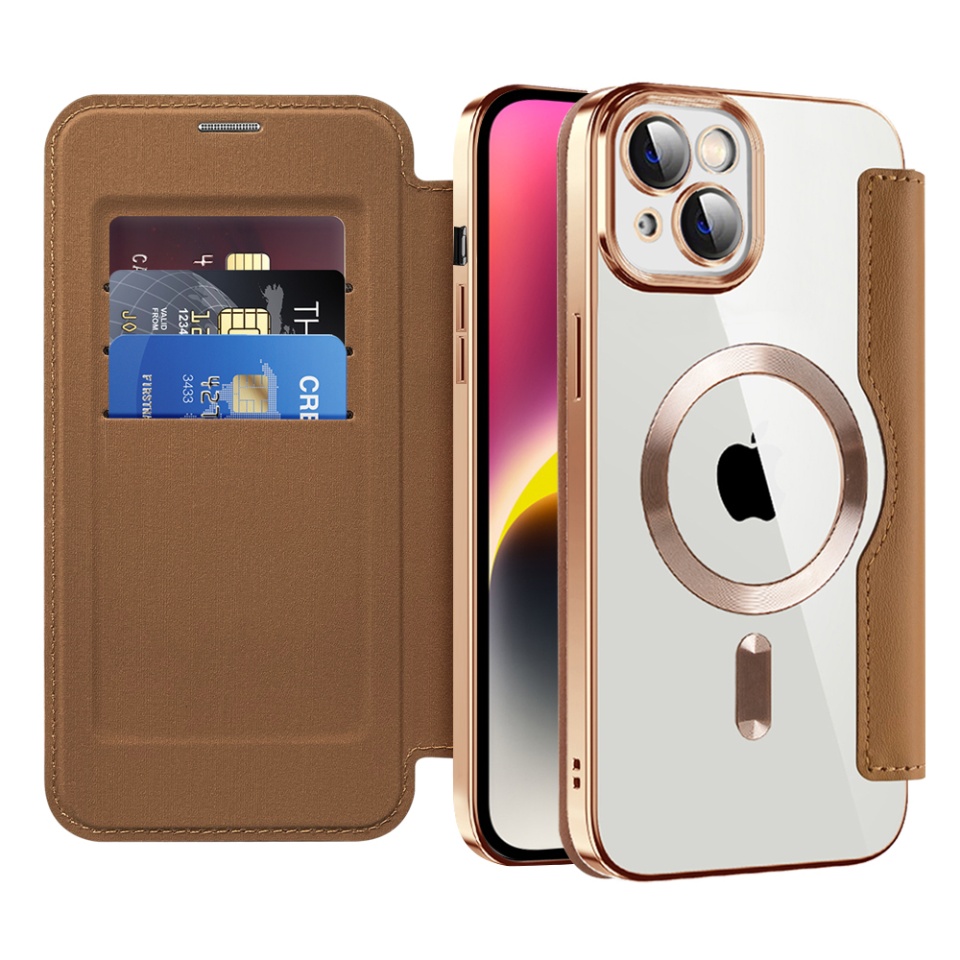Husa pentru iPhone 14 Plus tip carte, SKYDDAR INOVATION, SmartMag Book, Magsafe, RFiD, Suport Carduri, set cu sticker, Maro