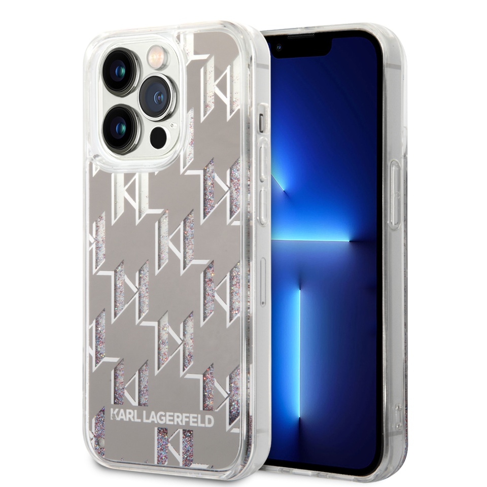 Husa pentru iPhone 14 Pro, Hardcase Liquid Glitter, Karl Lagerfeld - Monogram Argintiu