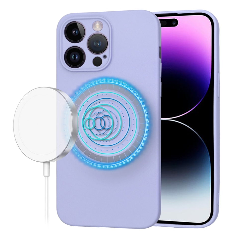 Husa pentru iPhone 14 Pro Max, SKYDDAR INNOVATION, din Silicon Catifelat, SoftFlex Magsafe, Violet, set cu sticker