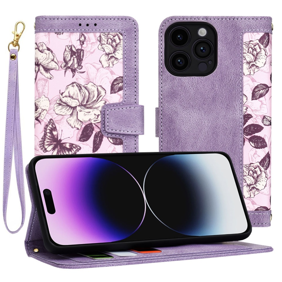 Husa pentru iPhone 14 Pro Max, SKYDDAR INNOVATION, Floral Wallet, din Piele Ecologică cu Design Floral, Protecție 360°, Stand Integrat, Buzunare pentru Carduri, Mov, set cu sticker