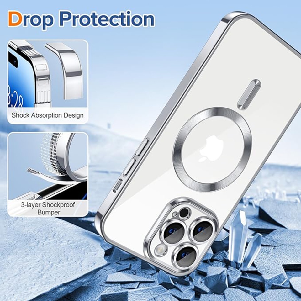Husa pentru iPhone 14 Pro Max, SKYDDAR INNOVATION, Luxury Shield Magsafe, Protectie Antisoc, Argintiu, set cu sticker - 2 | YEO