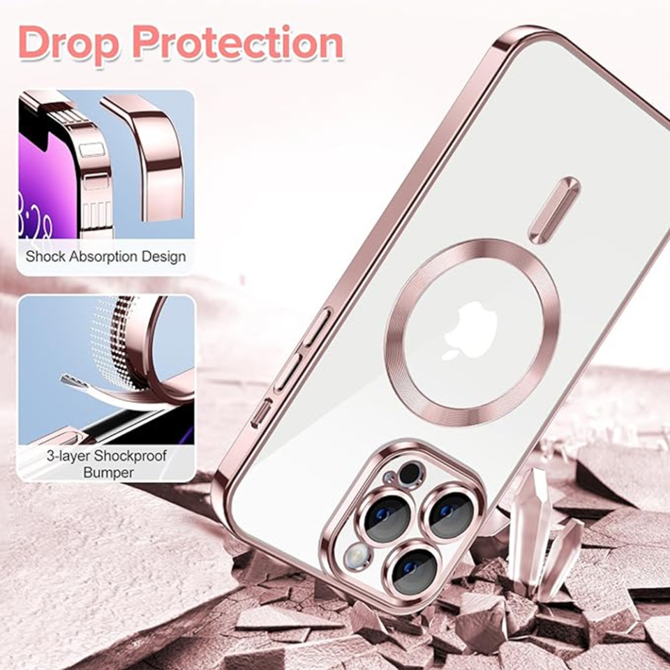 Husa pentru iPhone 14 Pro Max, SKYDDAR INNOVATION, Luxury Shield Magsafe, Protectie Antisoc, Roz, set cu sticker - 2 | YEO