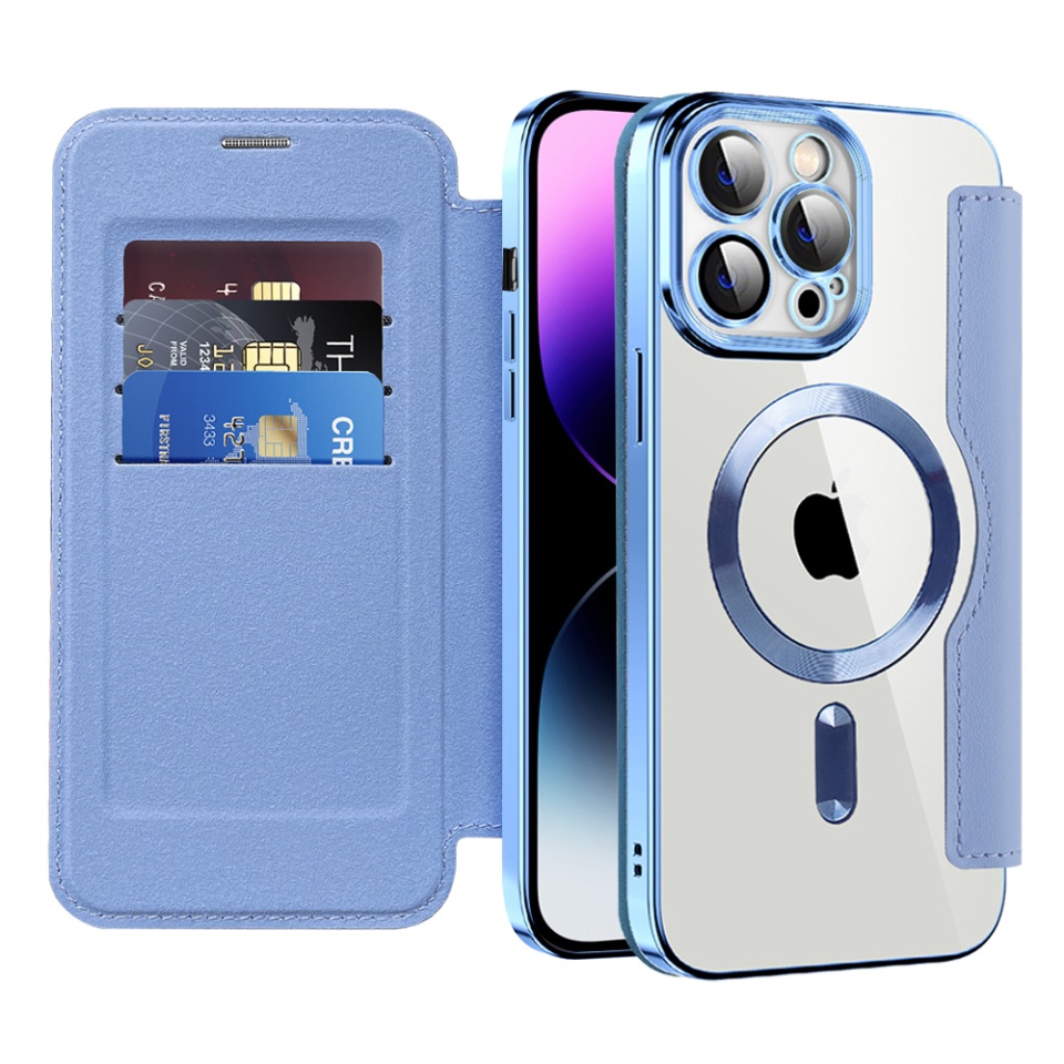 Husa pentru iPhone 14 Pro Max tip carte, SKYDDAR INOVATION, SmartMag Book, Magsafe, RFiD, Suport Carduri, set cu sticker, Bleu