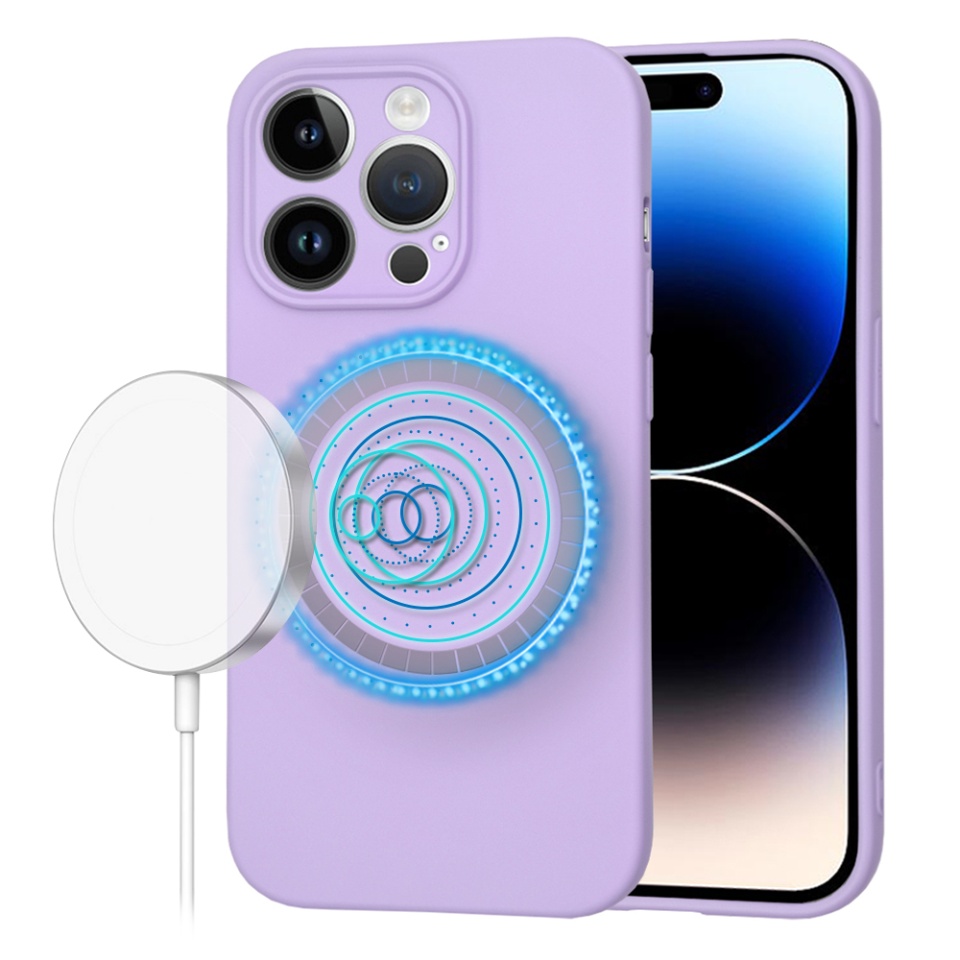 Husa pentru iPhone 14 Pro, SKYDDAR INNOVATION, din Silicon Catifelat, SoftFlex Magsafe, Violet, set cu sticker