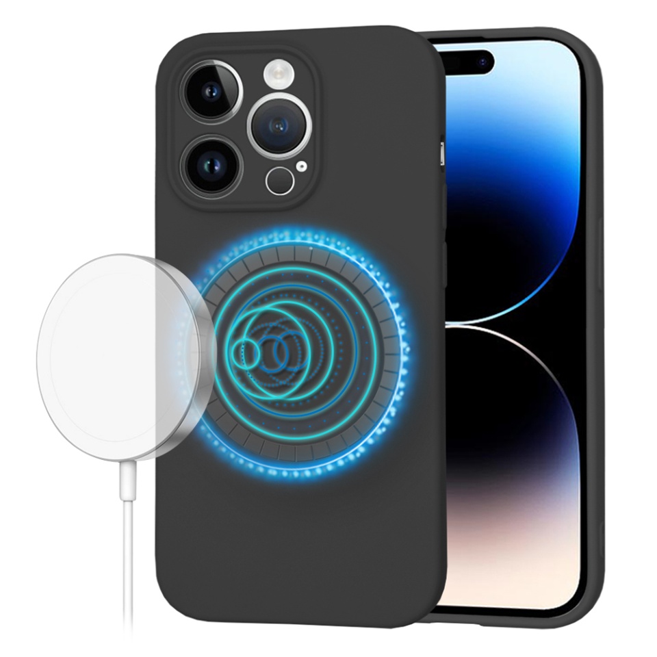 Husa pentru iPhone 14 Pro, SKYDDAR INNOVATION, din Silicon Catifelat, SoftFlex Magsafe, Negru, set cu sticker
