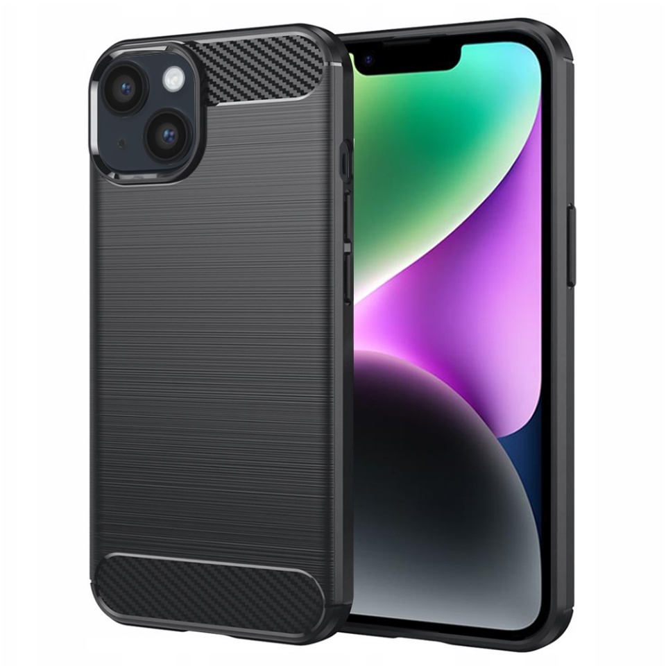 Husa pentru iPhone 14, SKYDDAR INNOVATION, Carbon Silicone, din Silicon Slim, cu textura Fibra Carbon, set cu sticker, Negru