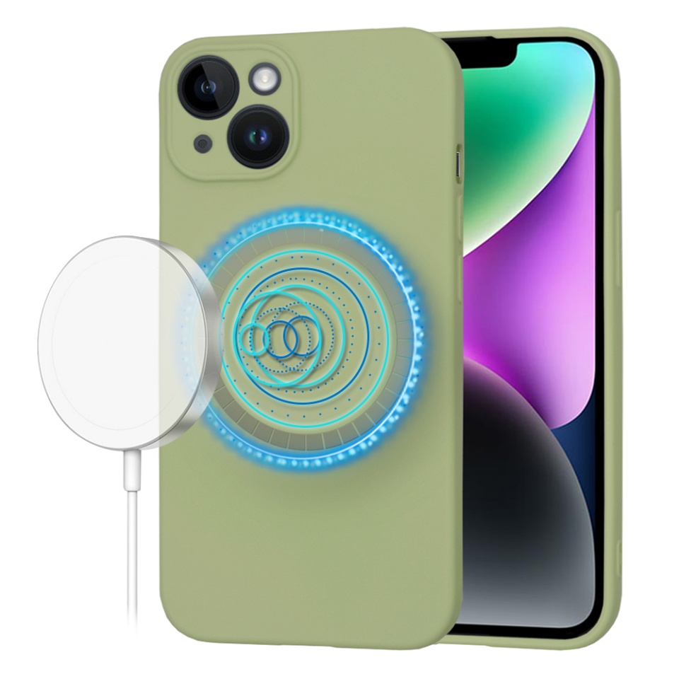 Husa pentru iPhone 14, SKYDDAR INNOVATION, din Silicon Catifelat, SoftFlex Magsafe, Verde, set cu sticker