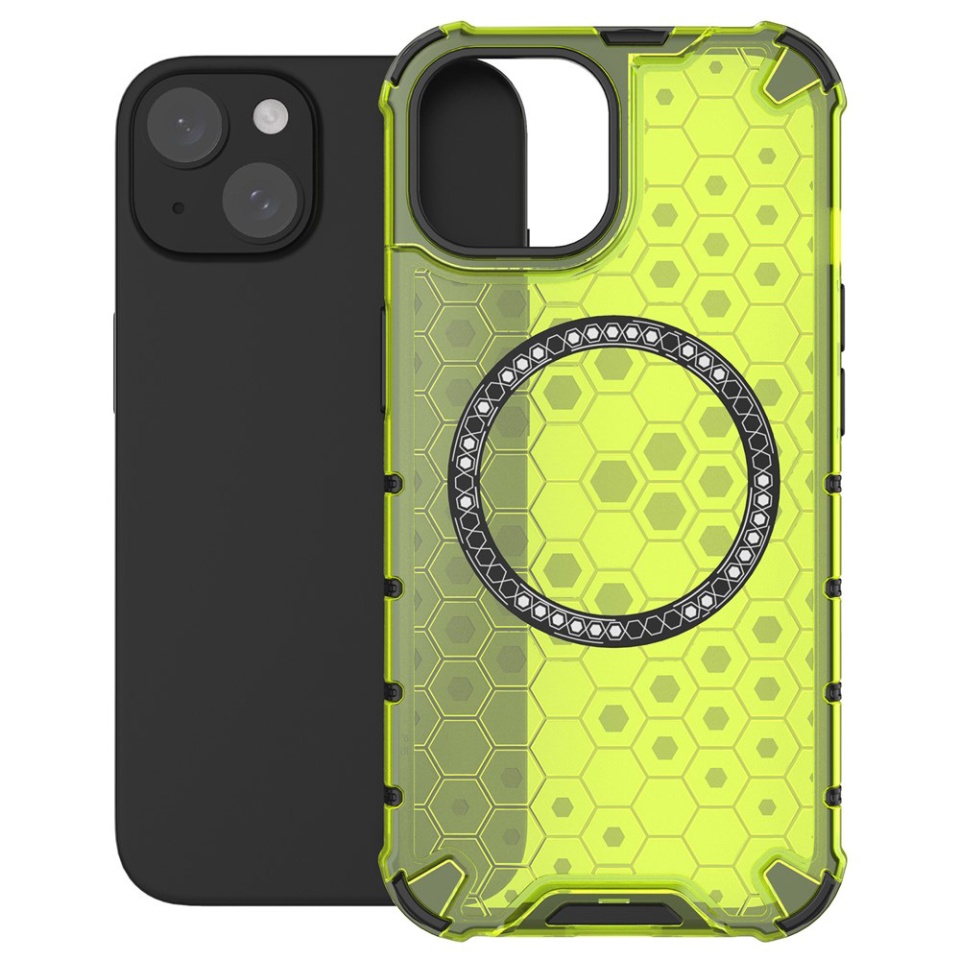Husa pentru iPhone 14, SKYDDAR INNOVATION, HoneyComb Shield MagSafe, Antisoc, set cu sticker, Verde - 1 | YEO