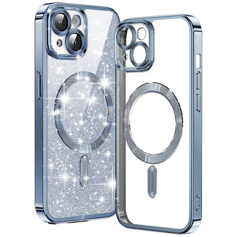 Husa pentru iPhone 14, SKYDDAR INNOVATION, Luxury Glitter Magsafe, Antisoc, Fundal Detasabil 2-in-1, Protectie Superioara, Margini Ridicate, Bleu, set cu sticker
