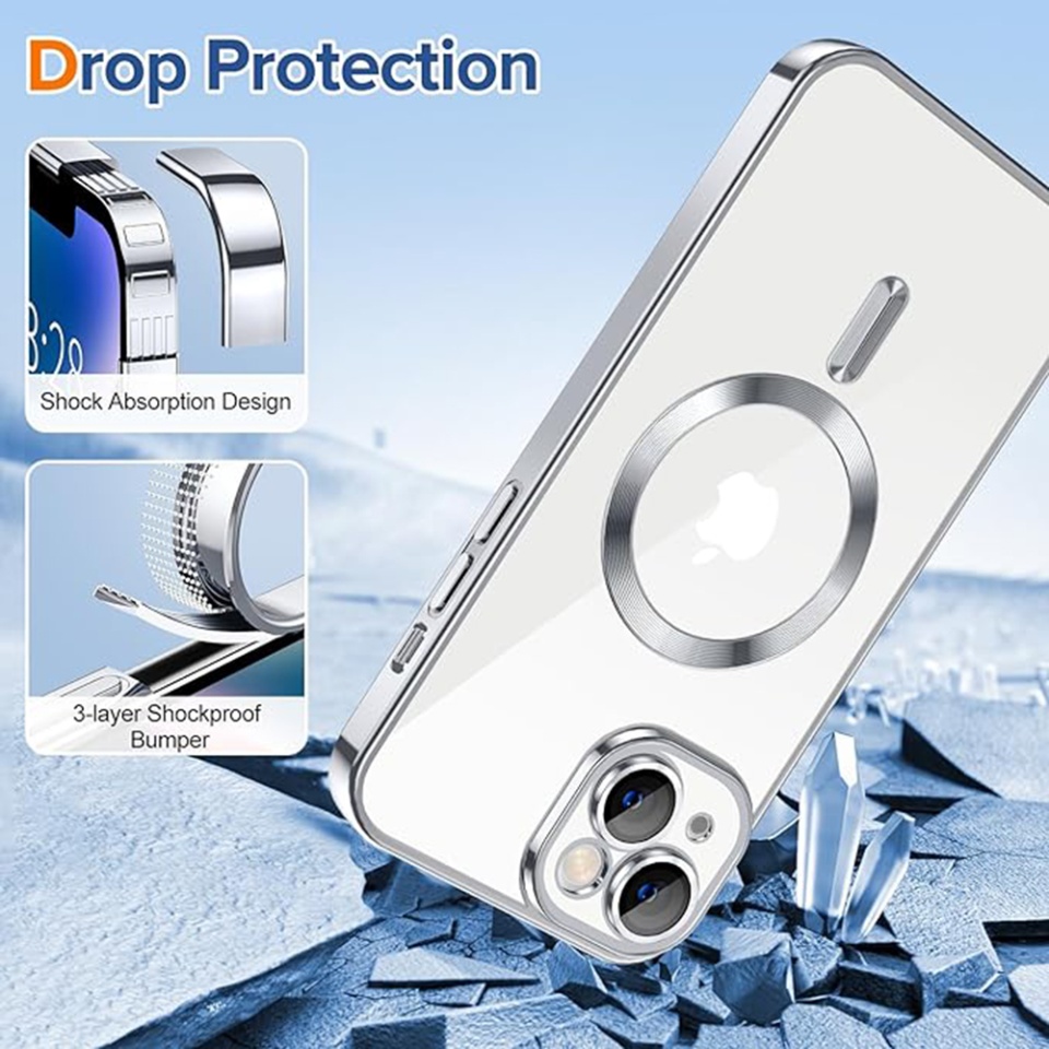 Husa pentru iPhone 14, SKYDDAR INNOVATION, Luxury Shield Magsafe, Protectie Antisoc, Argintiu, set cu sticker - 2 | YEO