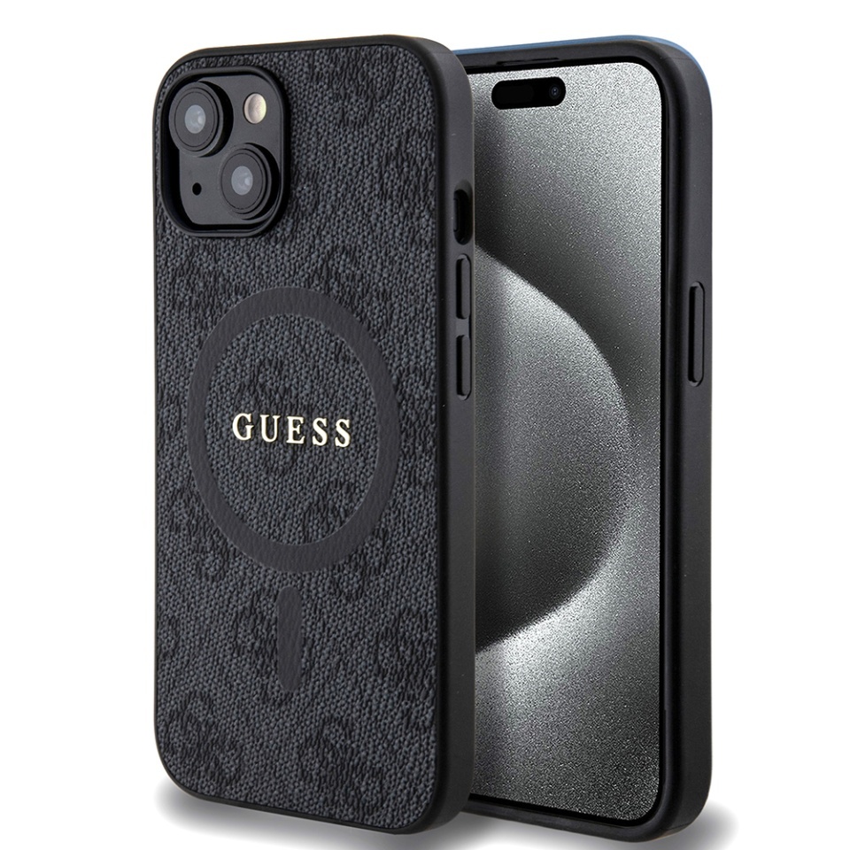 Husa pentru iPhone 15, 4G Ring Classic Logo MagSafe, Guess, Negru