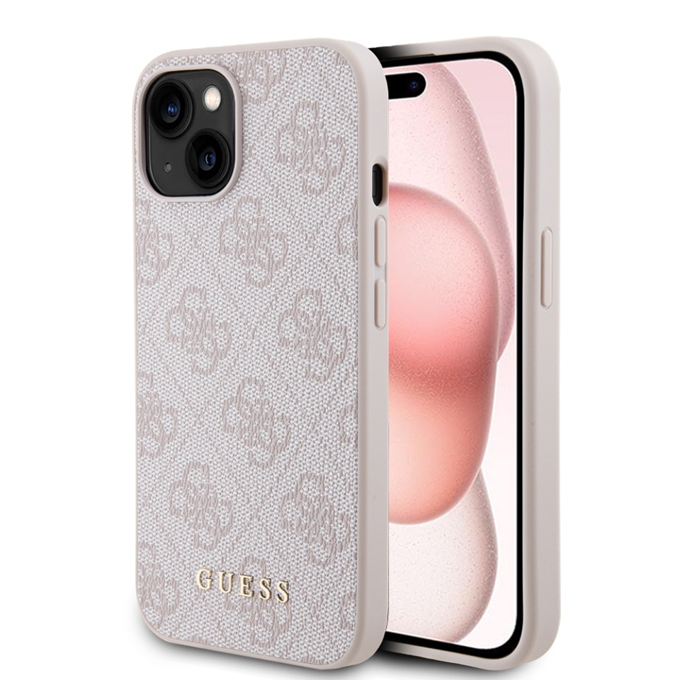 Husa pentru iPhone 15, Guess, Hardcase 4G Metal Gold Logo, Roz