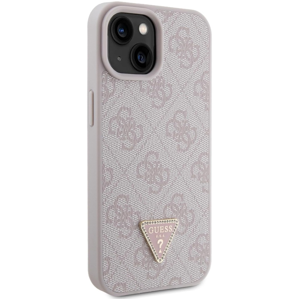 Husa pentru iPhone 15, Guess, Leather 4G Triangle Strass, Roz - 3 | YEO