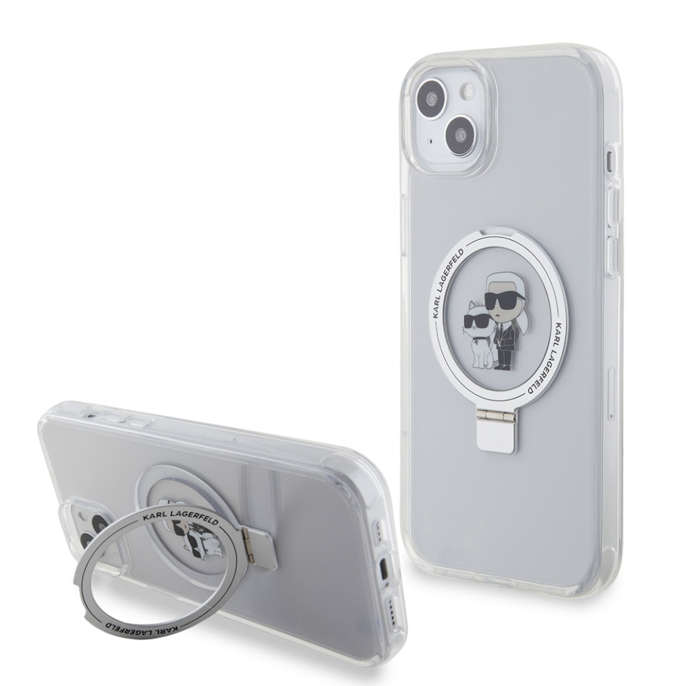 Husa pentru iPhone 15 Plus, Hardcase Ring Stand MagSafe, Karl Lagerfeld - Alb