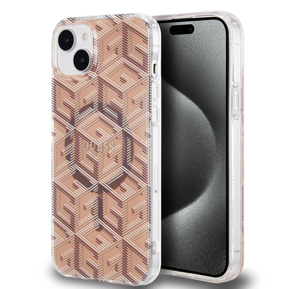 Husa pentru iPhone 15 Plus, IML GCube MagSafe, Guess - Maro