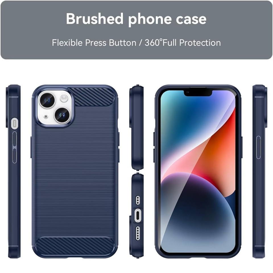 Husa pentru iPhone 15 Plus, SKYDDAR INNOVATION, Carbon Silicone, din Silicon Premium, Slim, cu textura Fibra Carbon, Albastru, set cu sticker - 1 | YEO