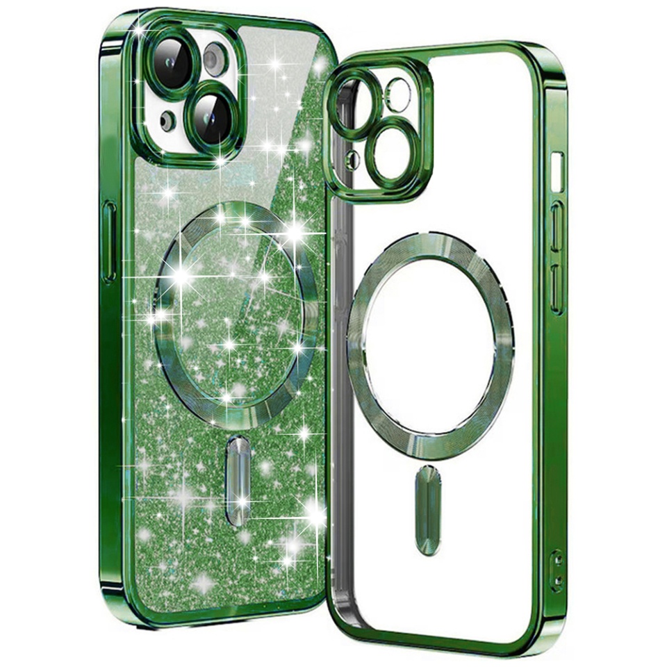 Husa pentru iPhone 15 Plus, SKYDDAR INNOVATION, Luxury Glitter Magsafe, Antisoc, Fundal Detasabil 2-in-1, Protectie Superioara, Margini Ridicate, Verde, set cu sticker