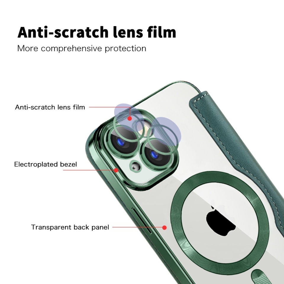 Husa pentru iPhone 15 Plus tip carte, SKYDDAR INOVATION, SmartMag Book, Magsafe, RFiD, Suport Carduri, set cu sticker, Verde - 2 | YEO