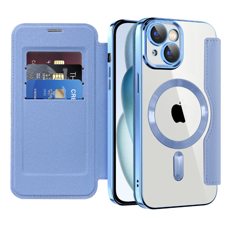 Husa pentru iPhone 15 Plus tip carte, SKYDDAR INOVATION, SmartMag Book, Magsafe, RFiD, Suport Carduri, set cu sticker, Bleu