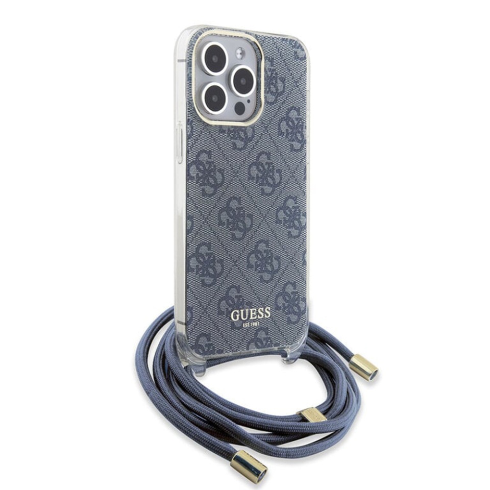 Husa pentru iPhone 15 Pro cu snur, Leather Metal Logo Strass Crossbody, Guess - Albastru - 3 | YEO