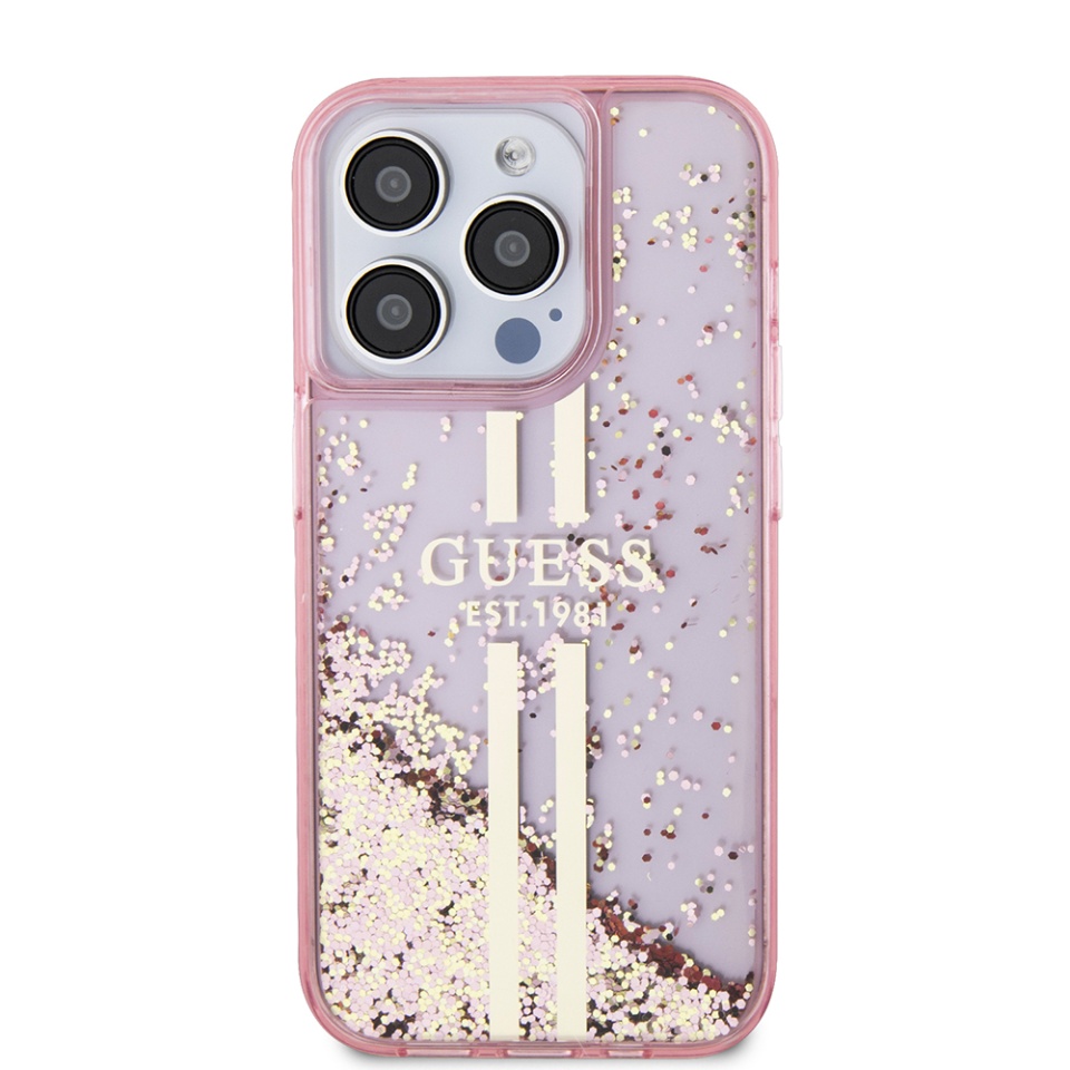 Husa pentru iPhone 15 Pro, Liquid Glitter Gold Stripes, Guess - Roz - 1 | YEO