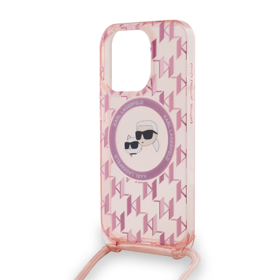 Husa pentru iPhone 15 Pro Max, Karl Lagerfeld, IML Crossbody MagSafe, Pink Monogram Karl&Choupette Head - 2 | YEO