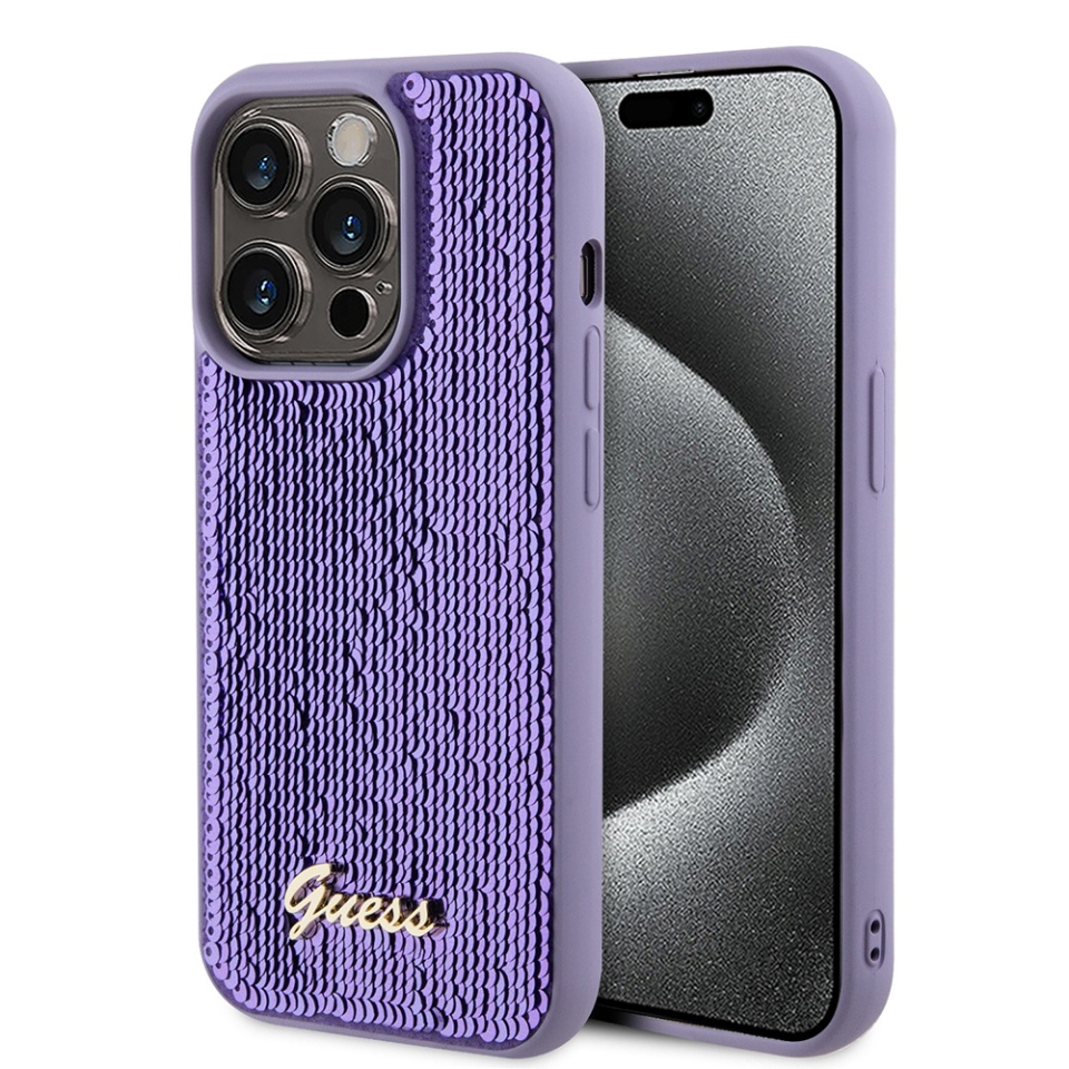 Husa pentru iPhone 15 Pro Max, Sequin Script Metal, Guess - Mov