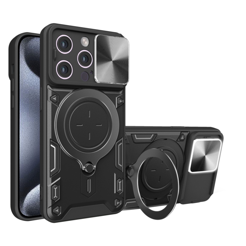 Husa pentru iPhone 15 Pro Max, SKYDDAR INNOVATION, CamGuard Pro, Inel Magnetic, Protectie Camera, Negru, set cu sticker