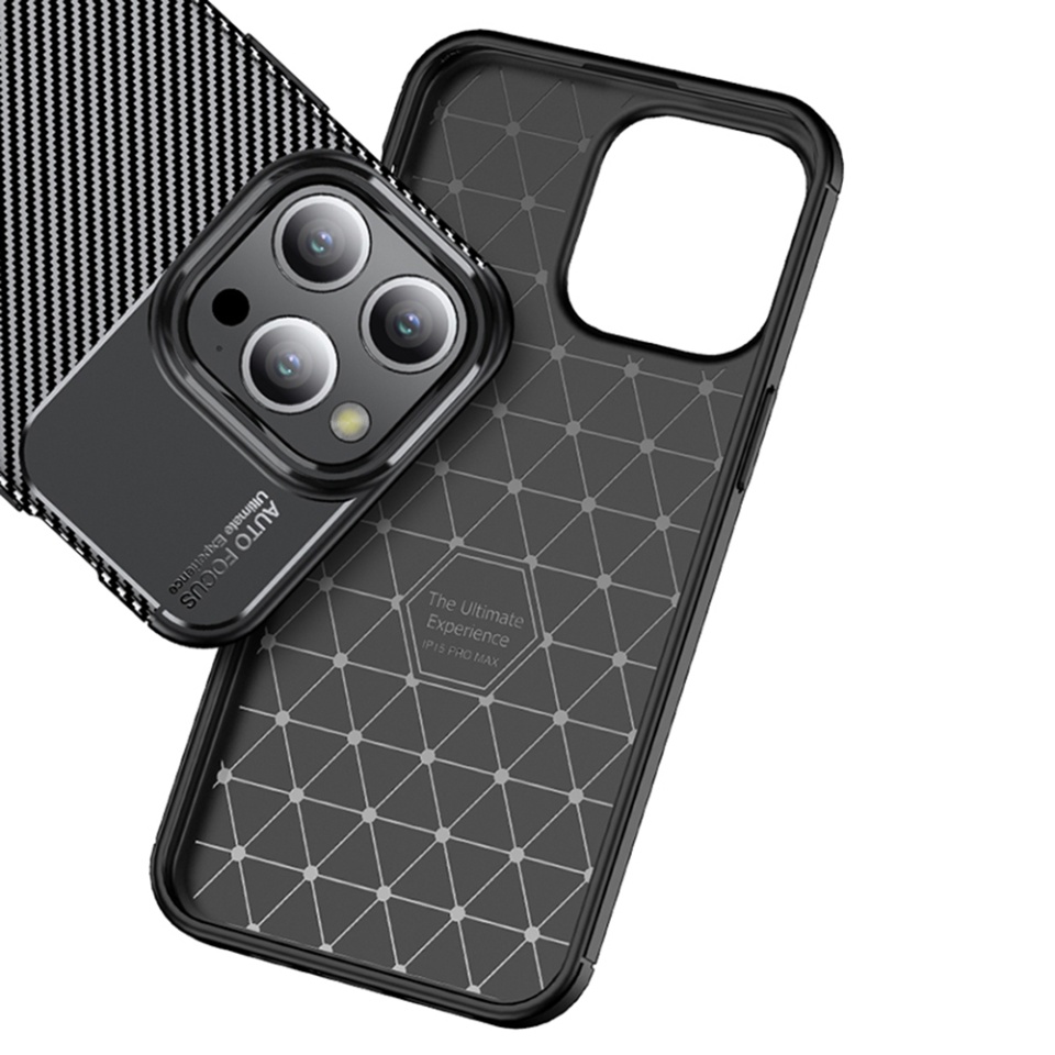 Husa pentru iPhone 15 Pro Max, SKYDDAR INNOVATION, CarbonFiber, Antisoc, Negru, set cu sticker - 2 | YEO