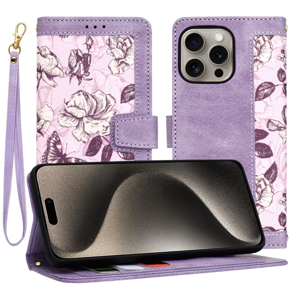 Husa pentru iPhone 15 Pro Max, SKYDDAR INNOVATION, Floral Wallet, din Piele Ecologică cu Design Floral, Protecție 360°, Stand Integrat, Buzunare pentru Carduri, Mov, set cu sticker