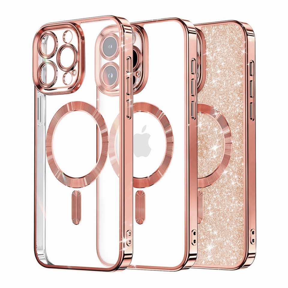 Husa pentru iPhone 15 Pro Max, SKYDDAR INNOVATION, Luxury Glitter Magsafe, Antisoc, Fundal Detasabil 2-in-1, Protectie Superioara, Margini Ridicate, Roz auriu, set cu sticker