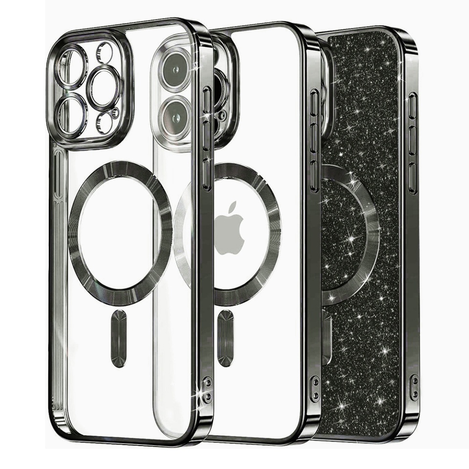 Husa pentru iPhone 15 Pro Max, SKYDDAR INNOVATION, Luxury Glitter Magsafe, Antisoc, Fundal Detasabil 2-in-1, Protectie Superioara, Margini Ridicate, Negru, set cu sticker