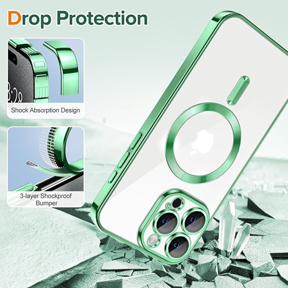 Husa pentru iPhone 15 Pro Max, SKYDDAR INNOVATION, Luxury Shield Magsafe, Protectie Antisoc, Verde deschis, set cu sticker - 1 | YEO