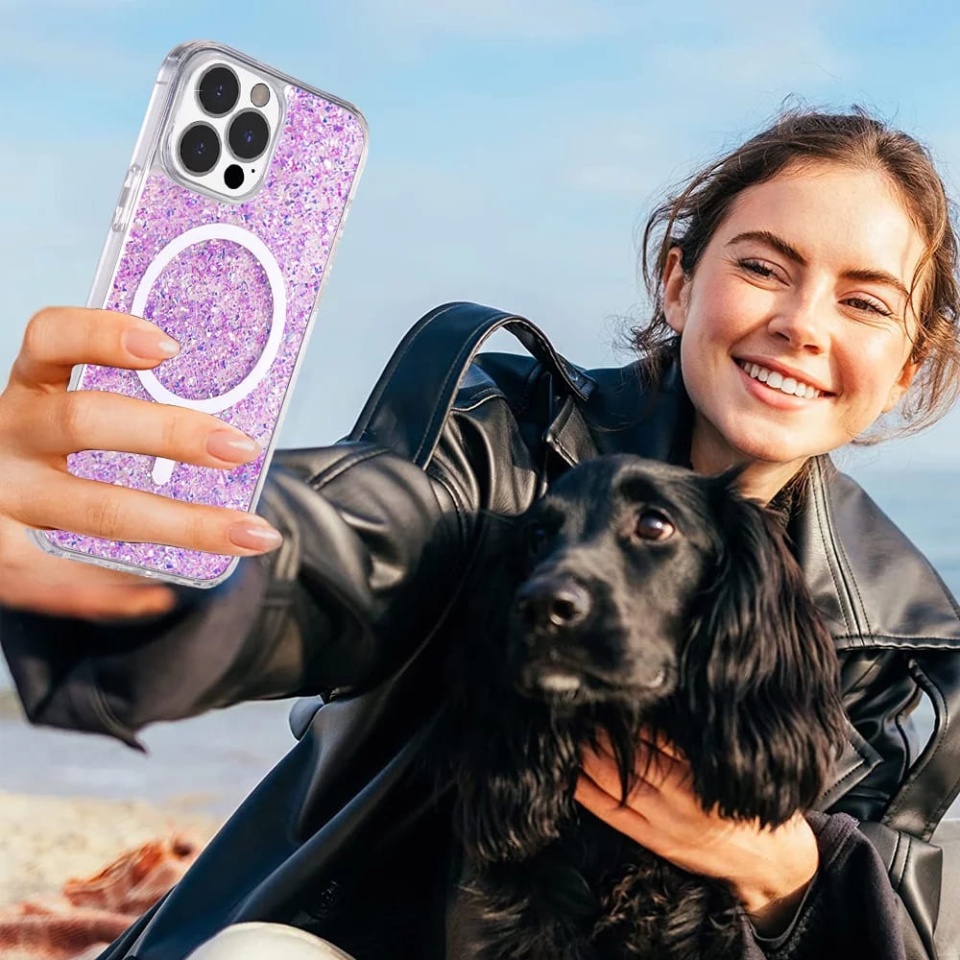 Husa pentru iPhone 15 Pro Max, SKYDDAR INNOVATION, SparkleCase, din Silicon cu Sclipici, Protectie Completa, Bleu, set cu sticker - 6