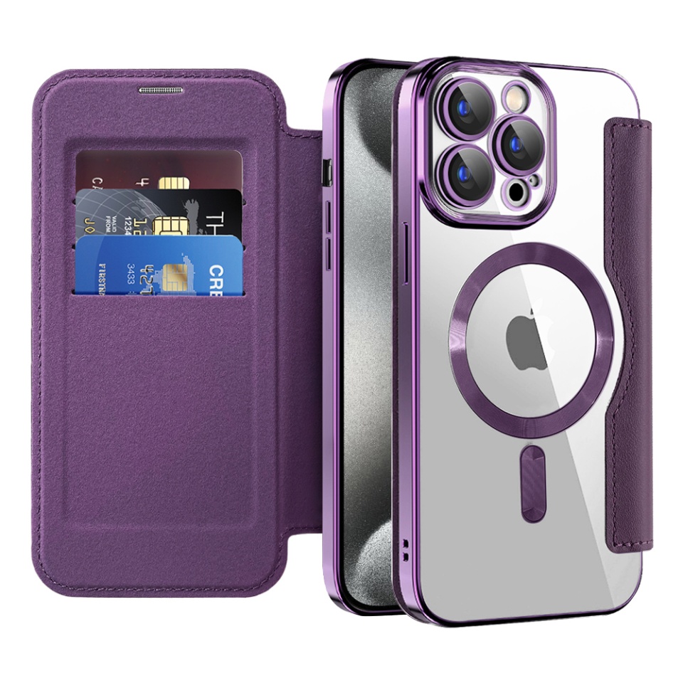 Husa pentru iPhone 15 Pro Max tip carte, SKYDDAR INOVATION, SmartMag Book, Magsafe, RFiD, Suport Carduri, set cu sticker, Mov