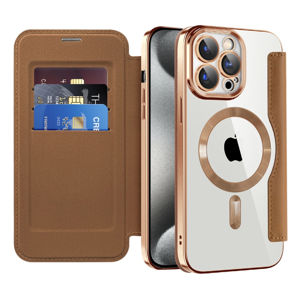 Husa pentru iPhone 15 Pro Max tip carte, SKYDDAR INOVATION, SmartMag Book, Magsafe, RFiD, Suport Carduri, set cu sticker, Maro