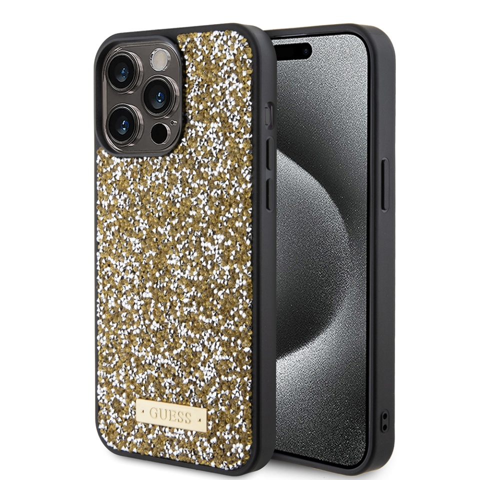 Husa pentru iPhone 15 Pro, Rhinestone Metal Logo, Guess, Galben
