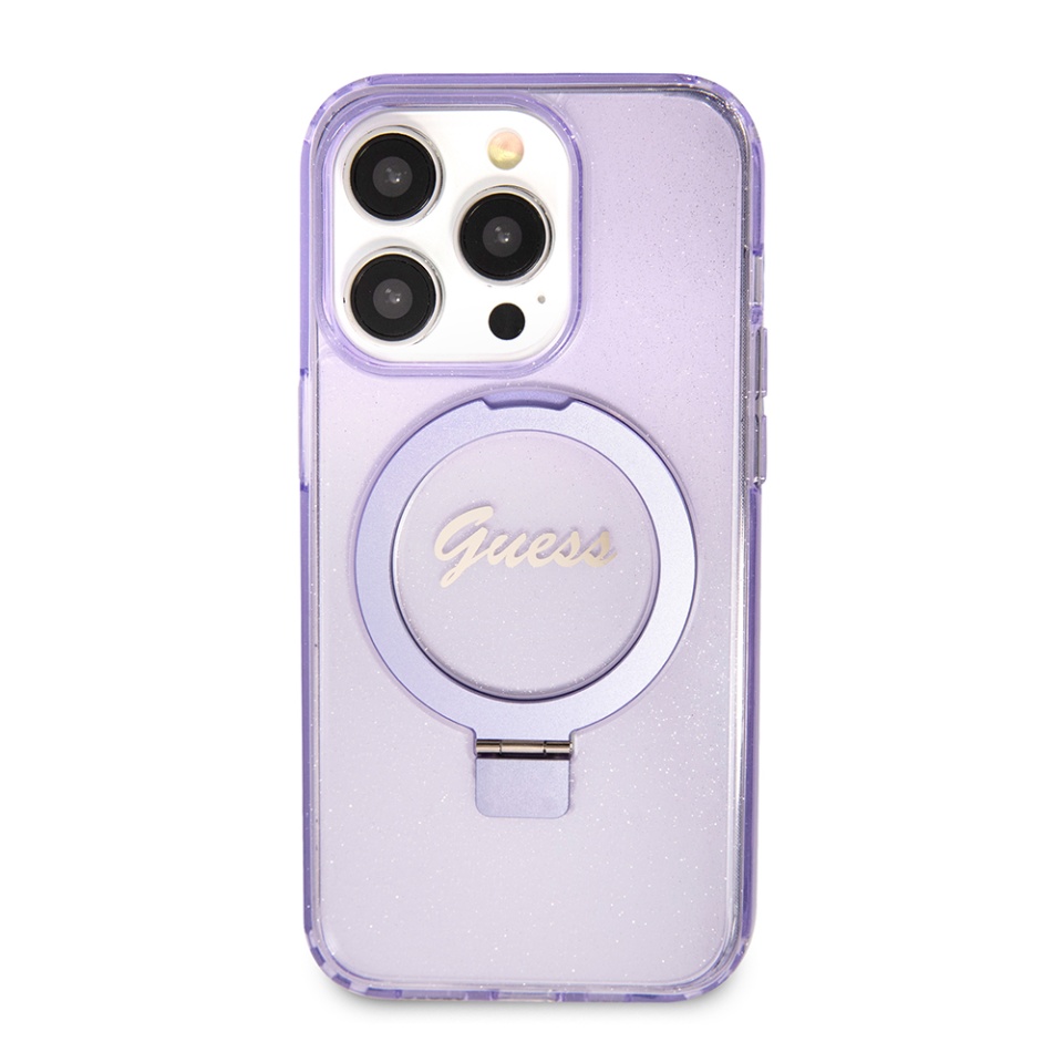 Husa pentru iPhone 15 Pro Ring Stand Script Glitter, Guess - Mov - 2 | YEO