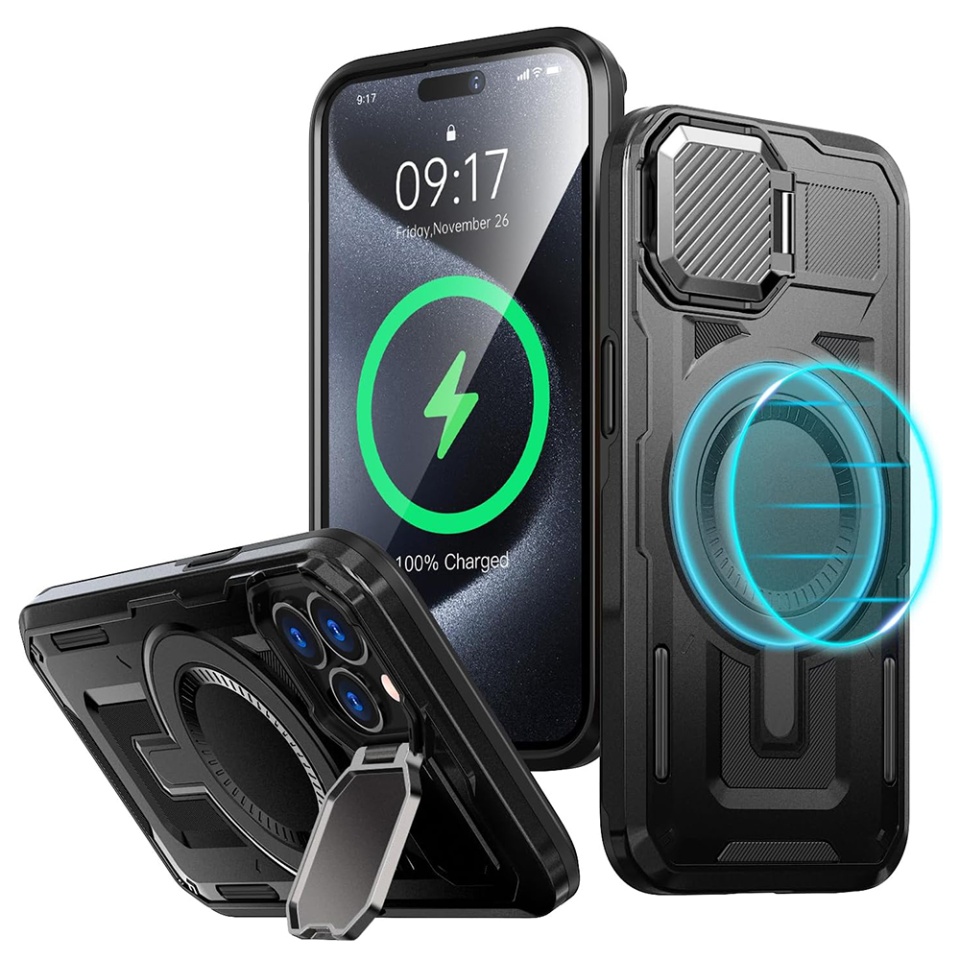 Husa pentru iPhone 15 Pro, SKYDDAR INNOVATION, CamVault MagSafe cu Protectie Camera, set cu sticker, Negru