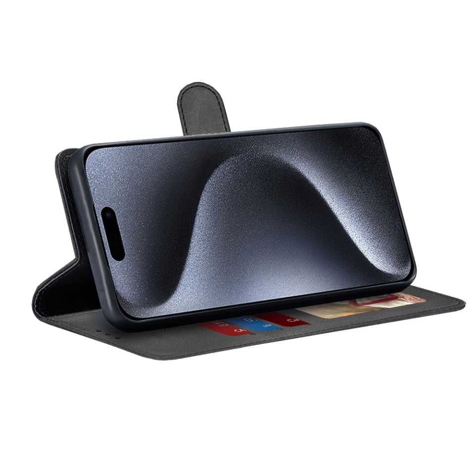 Husa pentru iPhone 15 Pro, SKYDDAR INNOVATION, Diary Book, tip carte, cu Portofel Interior, Antisoc, Negru, set cu sticker - 1 | YEO