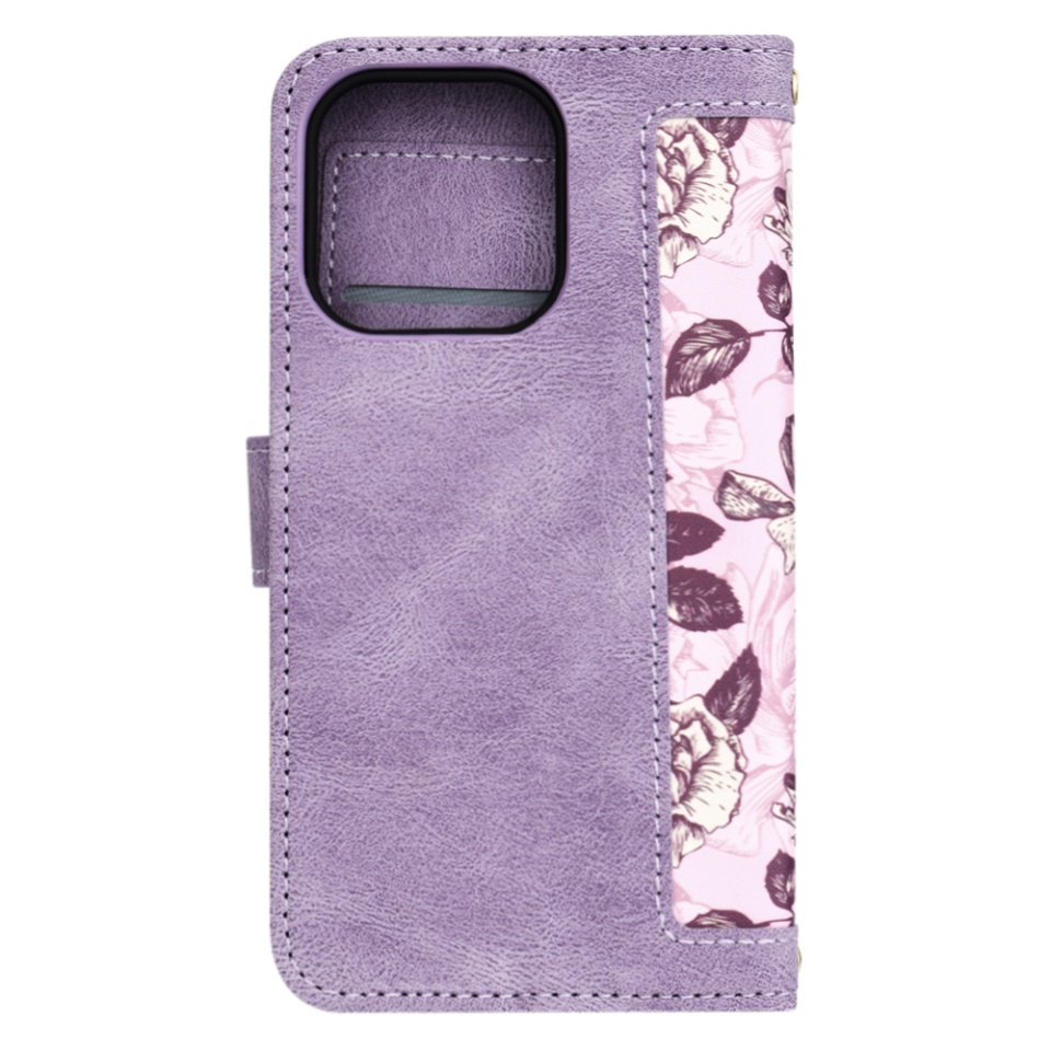 Husa pentru iPhone 15 Pro, SKYDDAR INNOVATION, Floral Wallet, din Piele Ecologică cu Design Floral, Protecție 360°, Stand Integrat, Buzunare pentru Carduri, Mov, set cu sticker - 2 | YEO