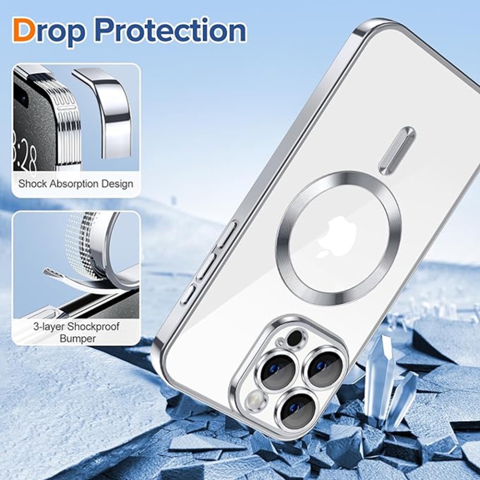 Husa pentru iPhone 15 Pro, SKYDDAR INNOVATION, Luxury Shield Magsafe, Protectie Antisoc, Argintiu, set cu sticker - 2 | YEO