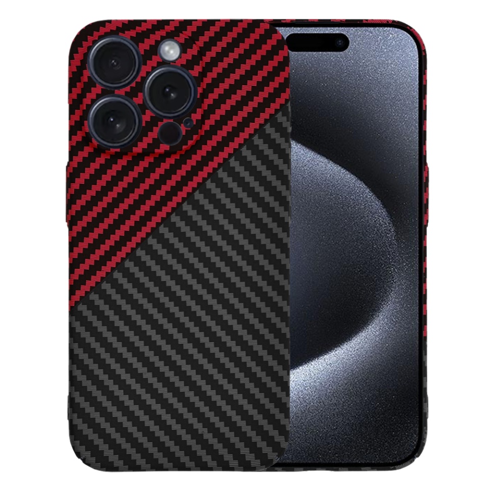 Husa pentru iPhone 15 Pro, SKYDDAR INNOVATION, textura carbon, Carbonite FiberShell, Rosu inchis, set cu sticker