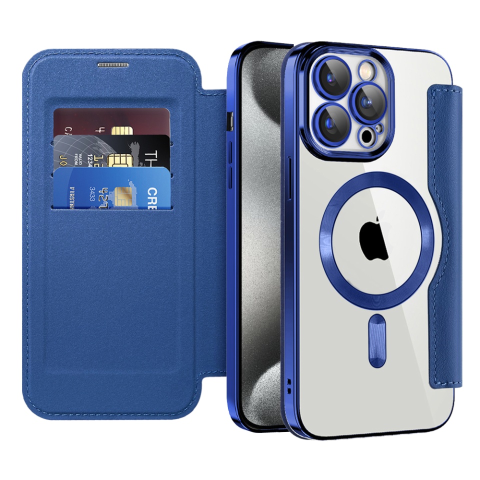 Husa pentru iPhone 15 Pro tip carte, SKYDDAR INOVATION, SmartMag Book, Magsafe, RFiD, Suport Carduri, set cu sticker, Albastru