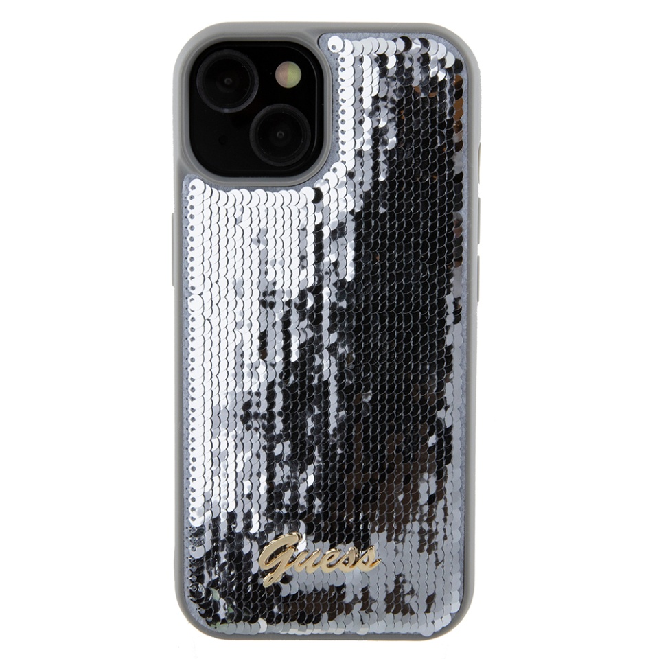 Husa pentru iPhone 15, Sequin Script Metal, Guess - Argintiu - 1 | YEO