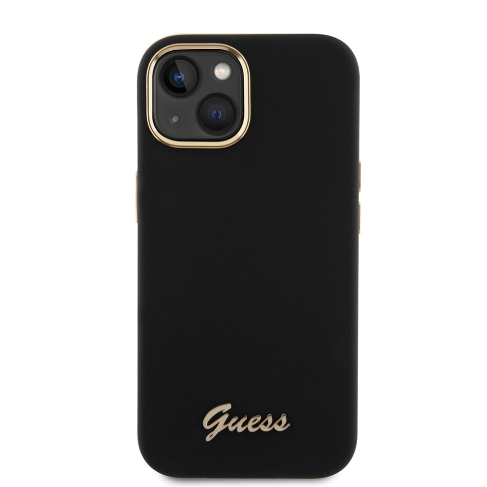 Husa pentru iPhone 15 Silicone Script Metal Logo & Frame, Guess - Negru - 1 | YEO